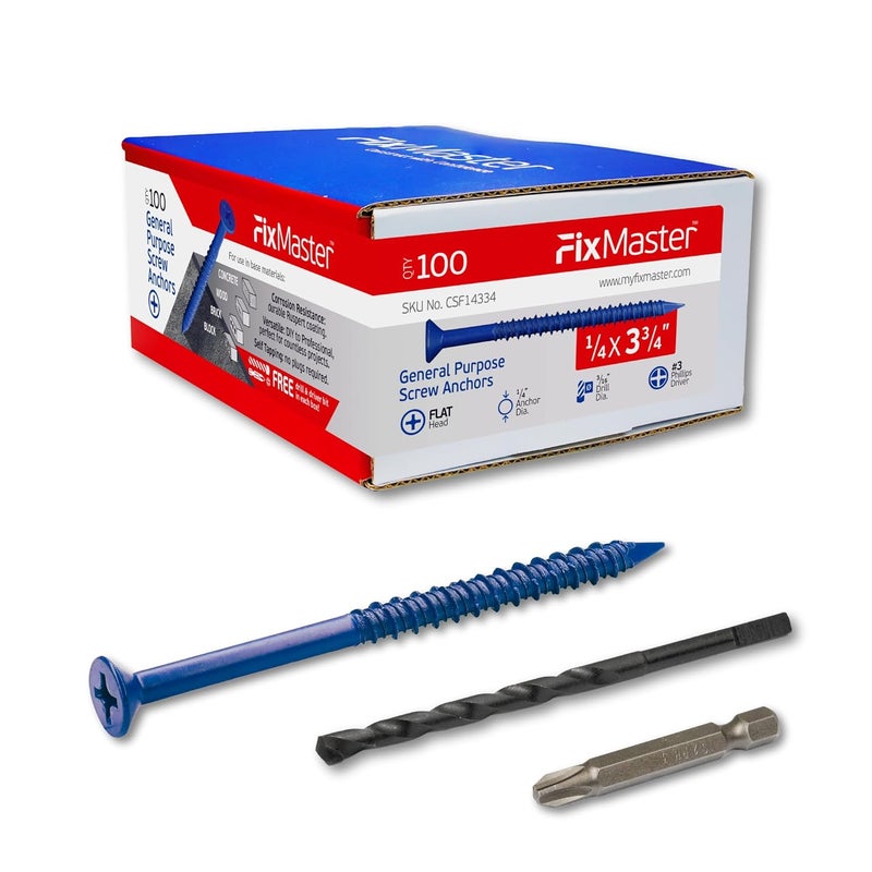 FixMaster 1/4 x 3-3/4" Countersunk Phillips Flat Head Blue Concrete Screw Anchors (100 pcs Screw Kit) with one Screwdriver and Drill Bit for Concrete, Masonry, Block, Brick and Wood Fastening - Image 1